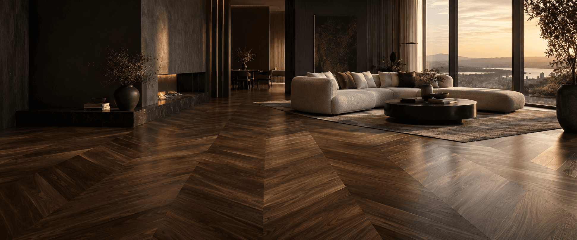 Sala sofisticada com piso de madeira em paginação chevron